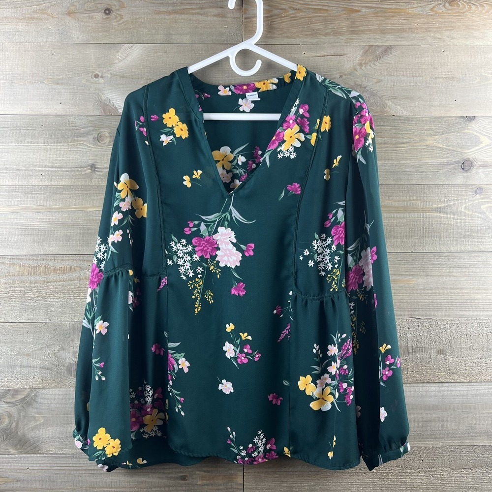 Old Navy Womens Shirt Floral Semi Sheer Long Sleeve Vneck Green Size XL